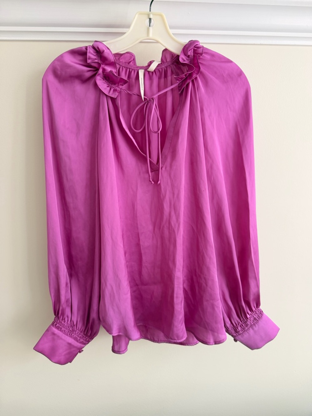 Anthropologie Fuchsia Ruffle-Tie Silk Blouse